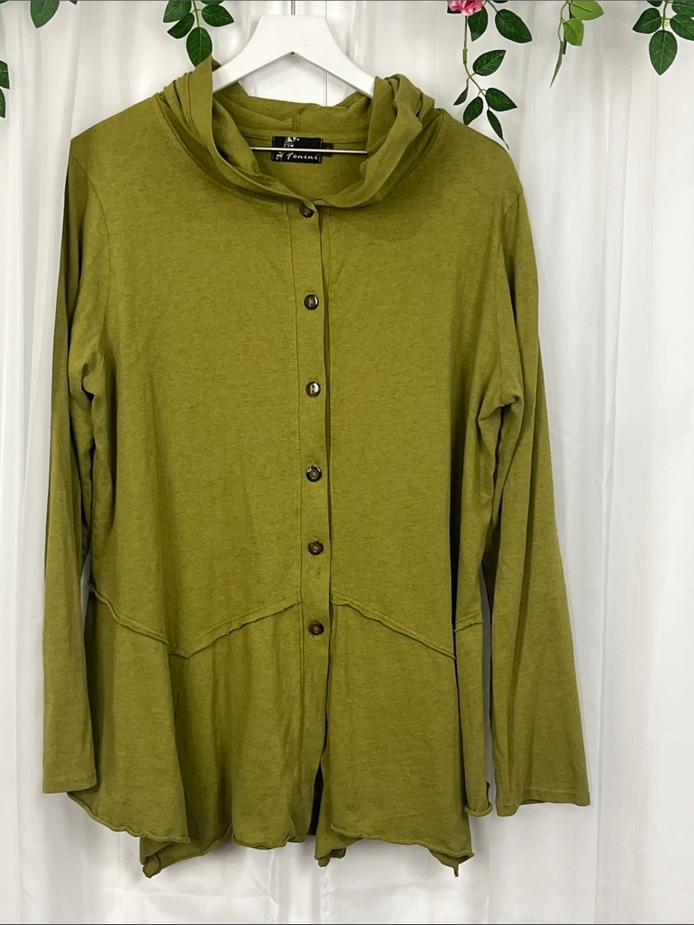 Fenini Hoodie Tunic Shirt L Green Button Down Exposed Seam Handkerchief Hem NWOT